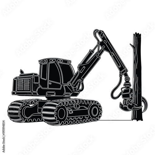 Harvester grapple skidder cutting down a tree in a forest.