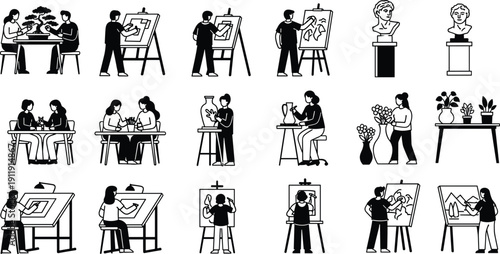 Vector set of black and white icons featuring artists painting on easels, potters making ceramics, sculptors, and people gardening, isolated creative hobby illustrations