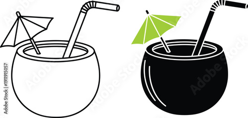 Vector illustration of tropical coconut cocktail with drinking straw and umbrella, exotic summer drink icon set, isolated on white background,