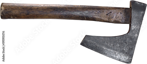 Fotografie Old rusty axe with metal blade and wooden handle isolated on white background