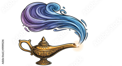 Golden Genie Lamp with Magic Smoke Emerging.