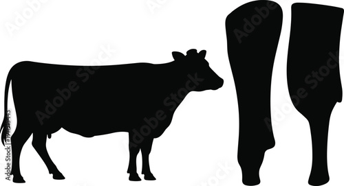 Silhouette of cow facing two stylized beef meat cuts, isolated on white background, symbolizing agriculture, livestock, food production, and culinary concepts for design use.