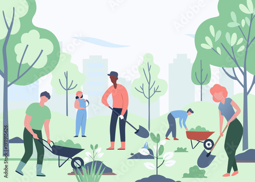 People planting trees and gardening in a stylized urban park scene