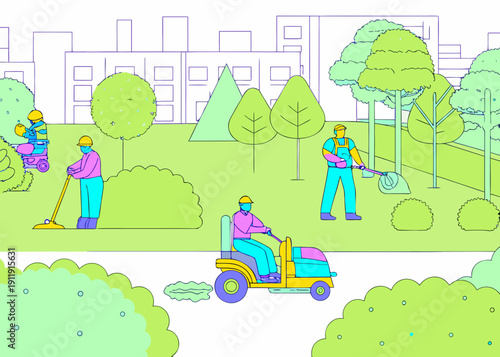 City park maintenance crew performing landscaping tasks on a sunny day