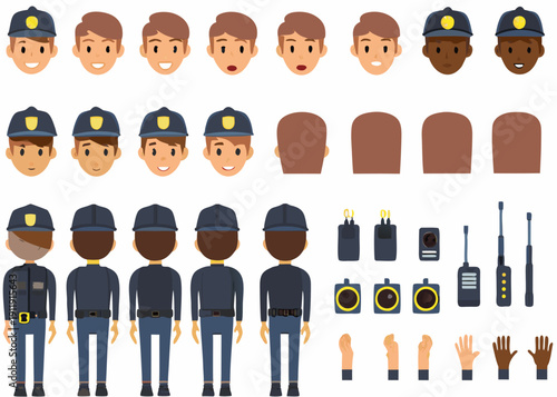 Cartoon police officers and related equipment in various poses and views
