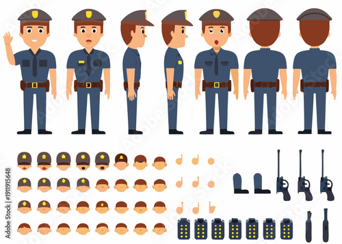 Cartoon police officers in various poses and facial expressions displayed
