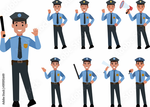 Cartoon illustration of a police officer in various poses and expressions