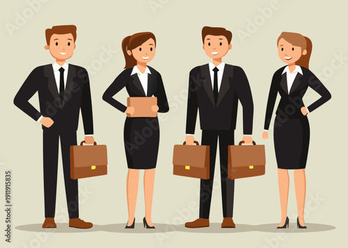 Four business professionals standing in a row smiling and holding briefcases