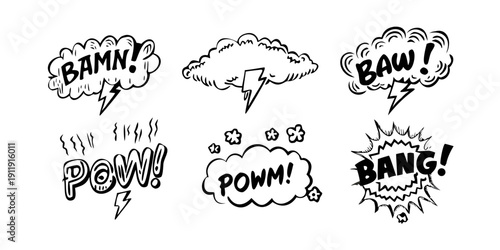 A collection of various comic book sound effect graphics in black and white. Vector