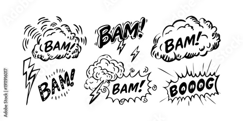 A dynamic illustration of various comic book sound effect words in bold, stylized fonts. Vector