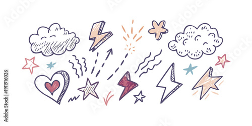 A whimsical illustration of hearts, stars, and clouds with a soft pastel color palette Vector