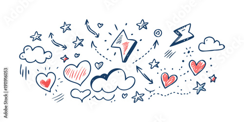 A whimsical illustration of various weather symbols and hearts floating in the sky Vector
