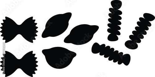 Silhouettes of pasta shapes including bow-tie farfalle, shell conchiglie, and spiral fusilli, isolated on white background, ideal for food, cuisine, and design concepts.