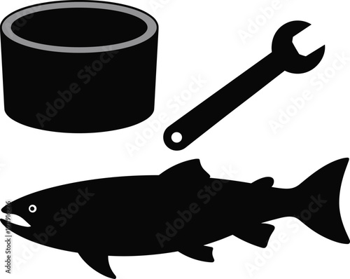 Silhouettes of cylindrical can, open-ended wrench, and fish arranged together, isolated on white background, ideal for abstract concept, design, and creative artwork.