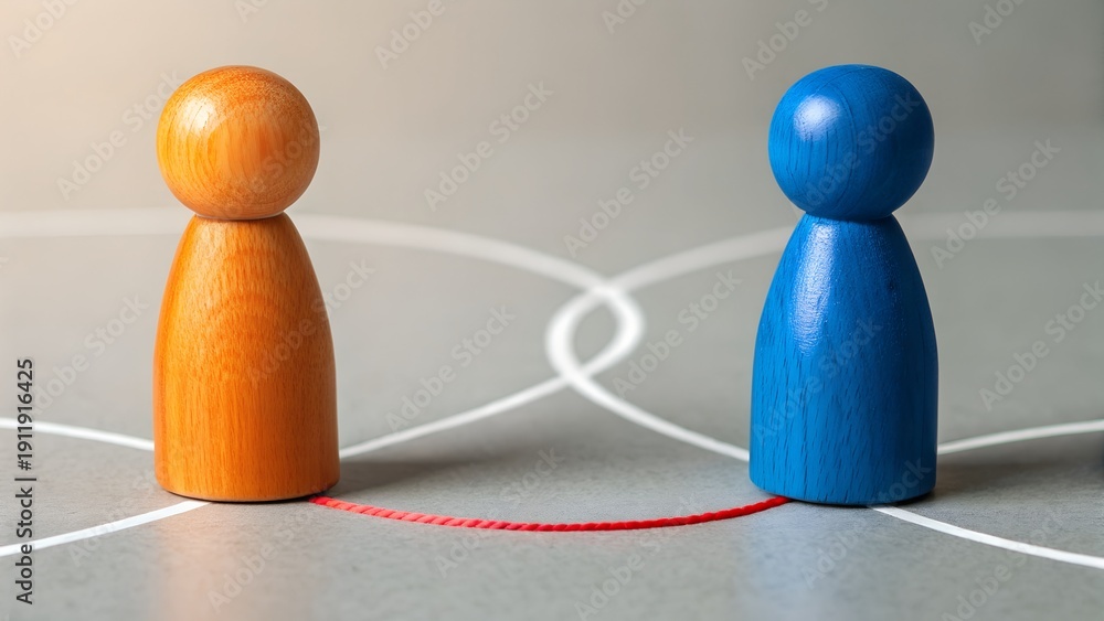 Obraz premium Orange and Blue Wooden Figurines with Red String Connection – Relationship, Communication, Networking, Interaction, Boundaries, Psychology, Connection, Dynamics