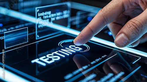 Software testing interface on touchscreen with finger selecting testing option