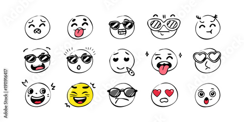 A diverse collection of emoticons showcasing various facial expressions and emotions Vector