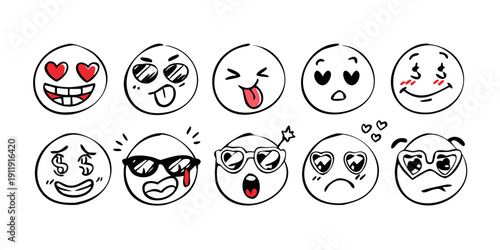 A collection of diverse emoticons expressing various emotions and facial expressions. Vector