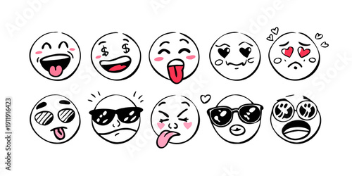 A collection of diverse emoji faces expressing a range of emotions and reactions Vector