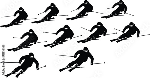 Skiing Athlete Silhouette Set Featuring Downhill Skiers with Poles for Winter Sports Competition Mountain Adventure and Outdoor Fitness Training Graphics, cad drawing flat vector illustration