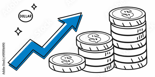 A graphical representation of financial growth with coins and an upward trend line. Vector
