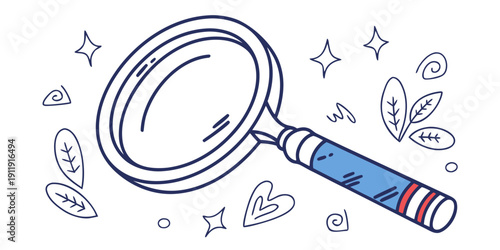 A magnifying glass revealing a world of tiny creatures and objects. Vector