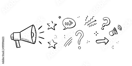 Illustration of a megaphone with speech bubbles and question marks Vector