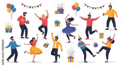 People Celebrating Party with Gifts Balloons.