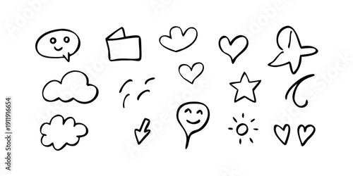 A delightful collection of simple, hand-drawn emoticons and symbols. Vector
