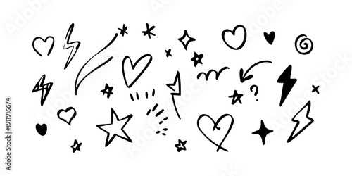 A delightful collection of hand-drawn doodles featuring hearts, stars, and lightning bolts Vector