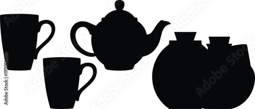 Tea and coffee set silhouette isolated on white background, teapot, cups and sugar bowl black kitchenware illustration for cafe branding, menu design, and packaging