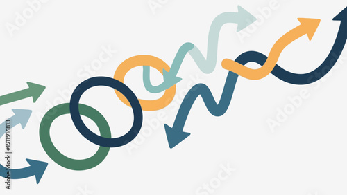 Dynamic Interconnected Arrows Illustrate Complex Strategic Pathways and Evolving Directions, Symbolizing Growth, Challenges, and Innovative Solutions in a Modern Abstract Design