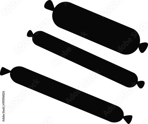 Three cylindrical silhouettes resembling sausages or wrapped candies, aligned diagonally, with tied ends, isolated on white background, ideal for food, packaging, and design concepts.