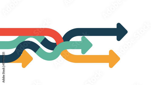 Interconnected arrows symbolizing different paths converging and diverging, representing choices, strategy, and the flow of information