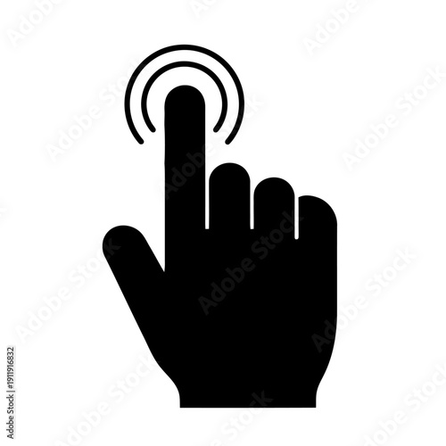 A black silhouette icon depicting a human finger pressing down on a touch-sensitive surface, signifying interaction