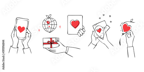 A whimsical illustration of a heart being passed between various characters. Vector