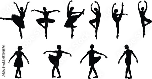 Vector set of black ballerina silhouettes performing classical dance poses, isolated female ballet dancers for theater, performance, art, and elegant studio design