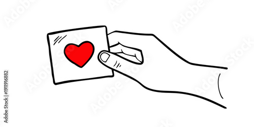 Hand holding a card with a red heart, symbolizing love and affection. Vector