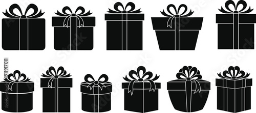 Vector set of black gift box silhouettes with ribbons and bows, isolated present icons for Christmas, birthday celebration, and holiday shopping graphic design