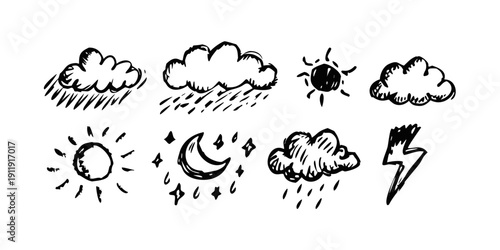 A collection of various weather symbols and icons representing different conditions Vector