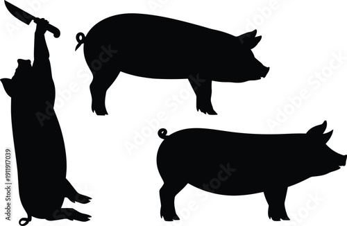 Three pig silhouettes on white background, including two natural standing poses and one surreal anthropomorphic pig holding knife, ideal for concept art and satire.