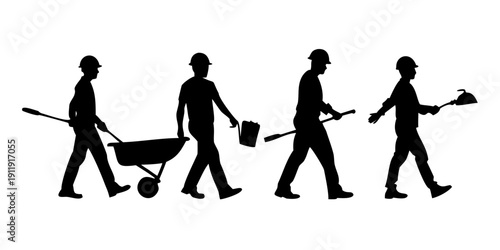 Four construction workers walking with tools and a wheelbarrow Vector