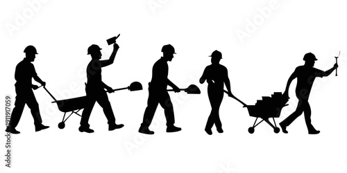 A sequence of silhouettes depicting people engaged in various gardening activities Vector