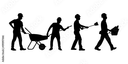 Four construction workers carrying tools and a wheelbarrow Vector