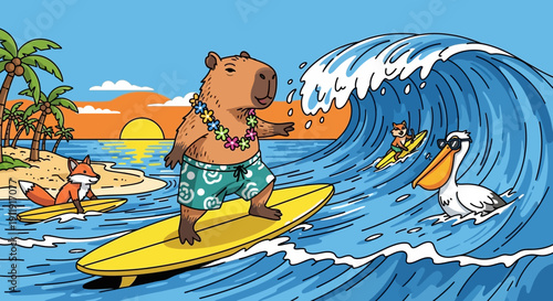 Bear Riding Surfboard on Ocean Wave.