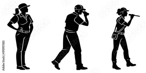 Three individuals demonstrating different activities with their hands to their faces. Vector