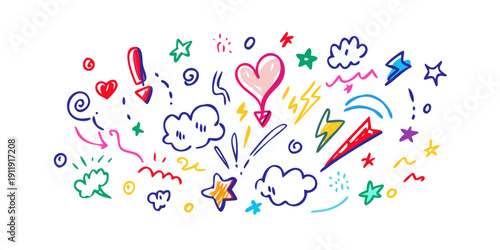 Colorful illustration of various shapes and symbols representing creativity and imagination Vector