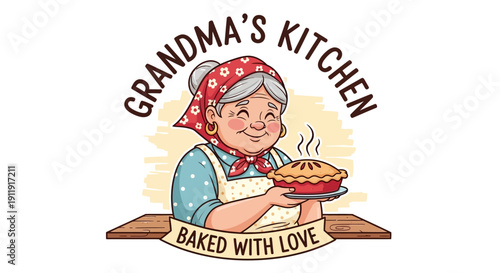 Cartoon Grandma Holding Freshly Baked Pie.