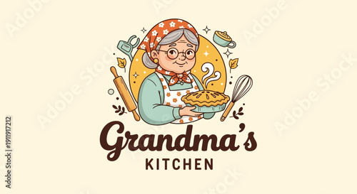 Grandmother Cooking in Cartoon Kitchen Illustration.