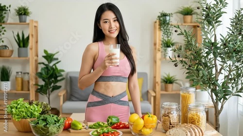 Smiling Asian Woman in Sportswear Holding a Healthy Drink, Surrounded by Fresh Vegetables and Fruits for a Balanced Diet at Home